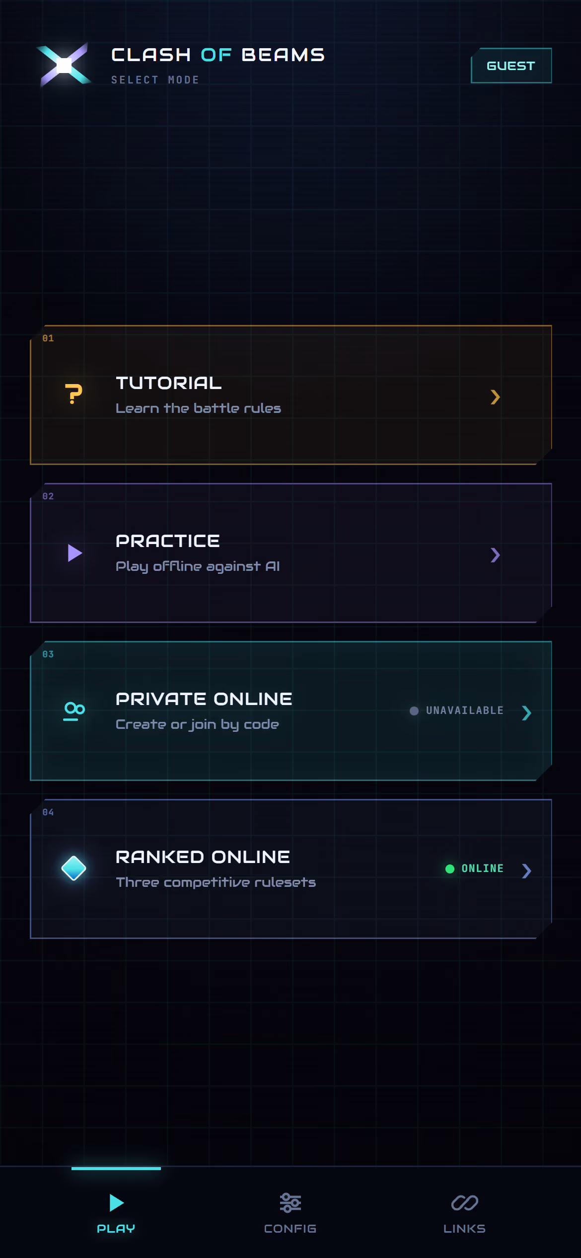 Clash of Beams play screen with Tutorial, Practice, Private Online, and Ranked Online modes