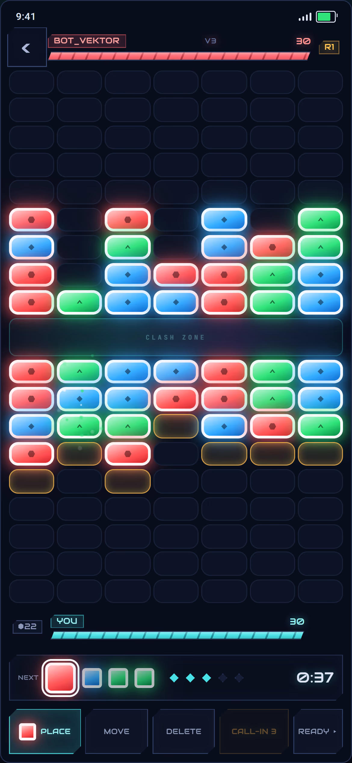 Practice battle showing colored cells, shields, move controls, queue, timer, and both cores