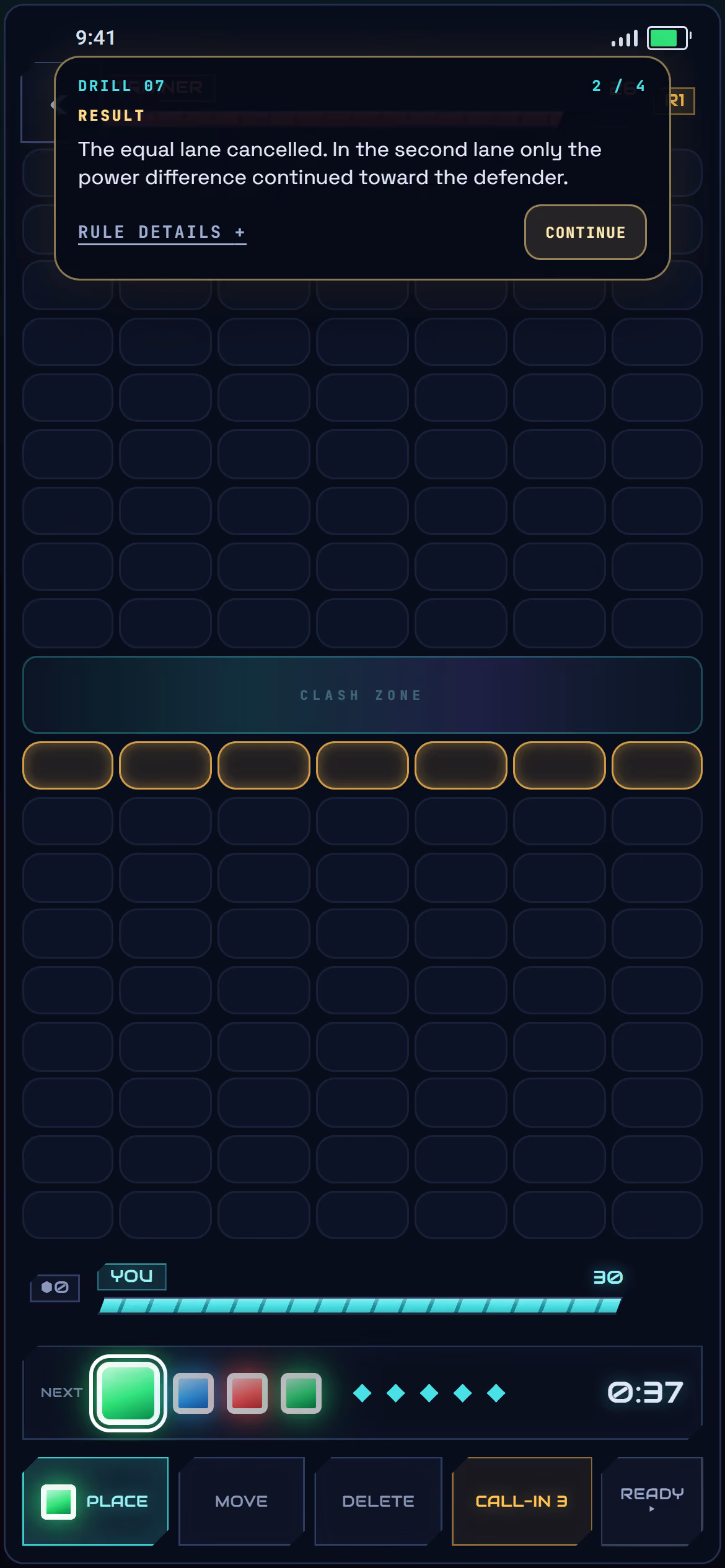 Tutorial result explaining how equal lane power cancels during a beam clash