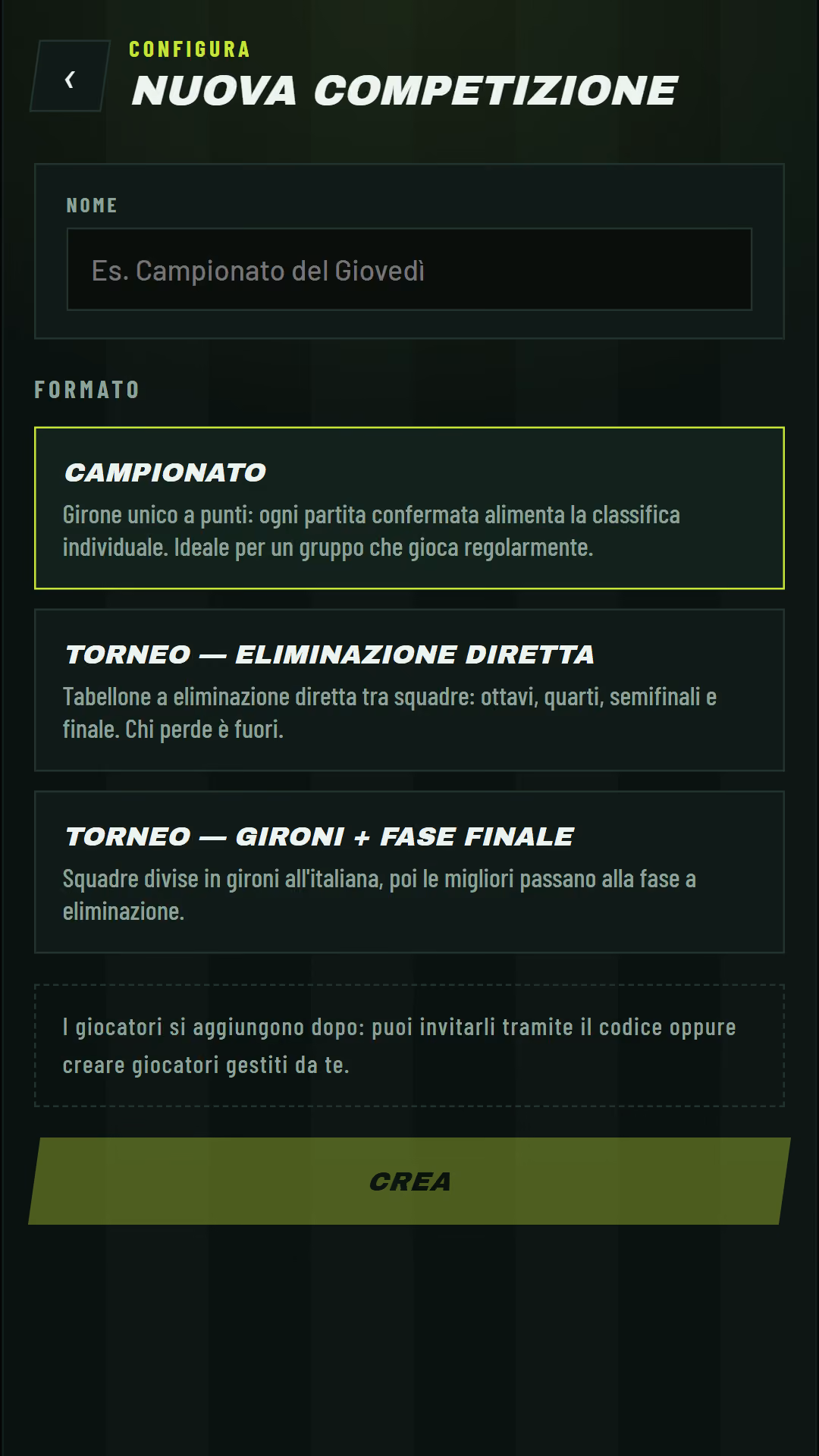 New competition screen describing Campionato, direct elimination, and groups plus final stage