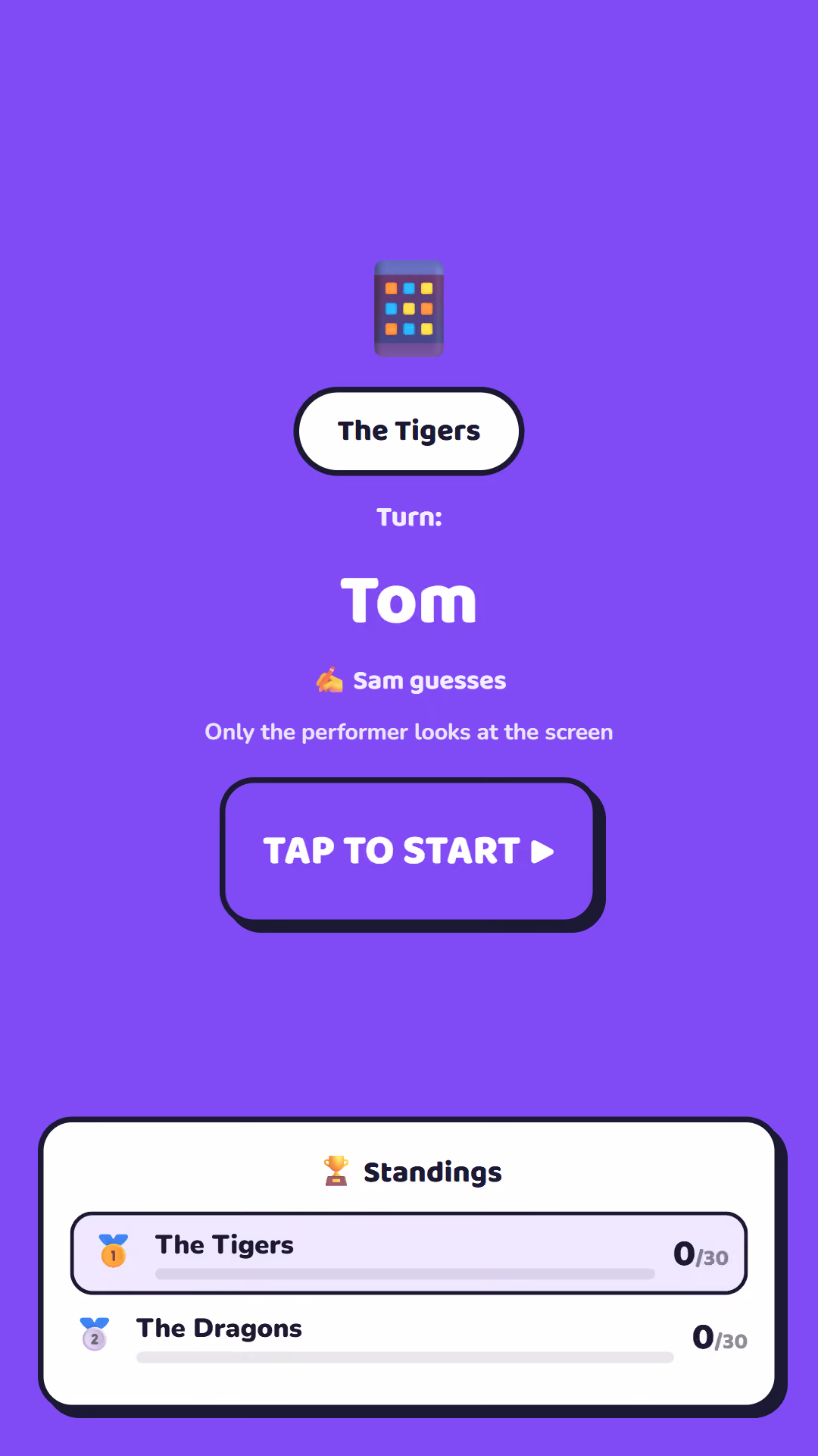 A private TRIACTO handoff screen telling the active player when to take the phone