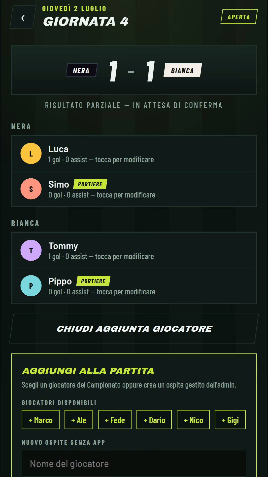 Open Campionato match where an admin can add a participant or create a managed guest