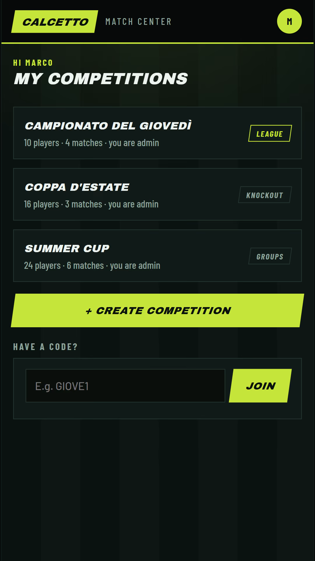 English Calcetto Match Center home screen showing the localized phone interface