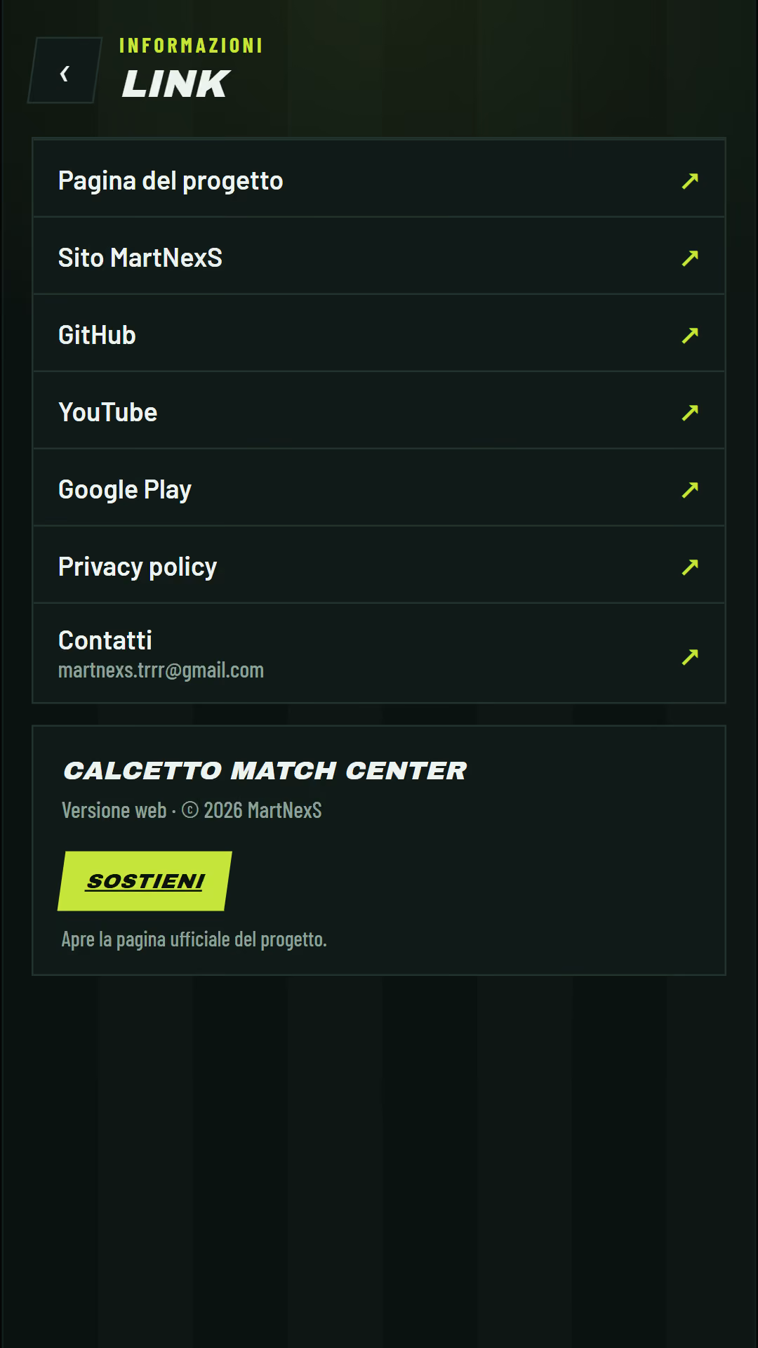 Calcetto Match Center links screen with project, privacy, contact, and support actions